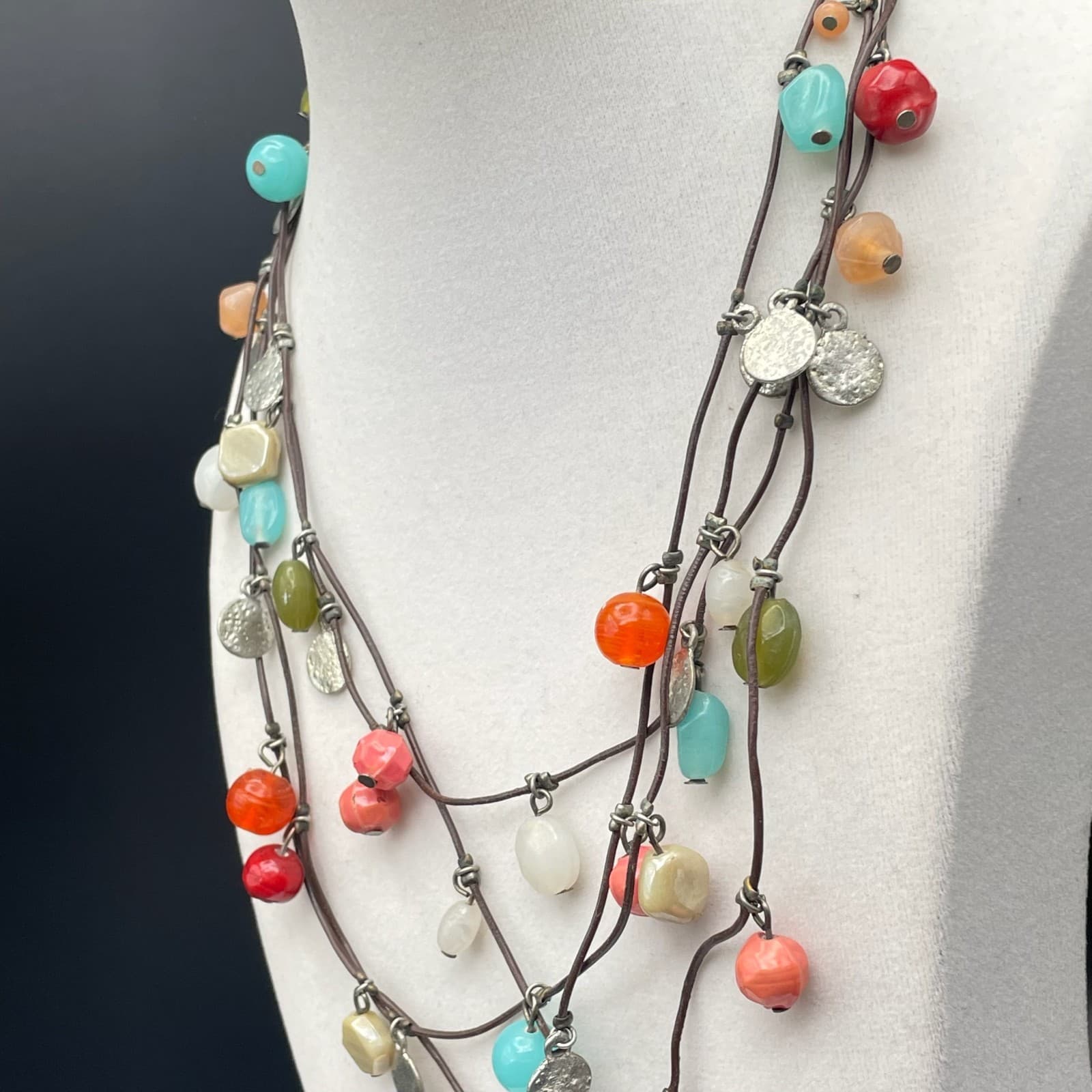 Vintage Boho Multi-Strand Cord Necklace Colorful Bead Dangle Silver Tone Discs - Thumbnail 6