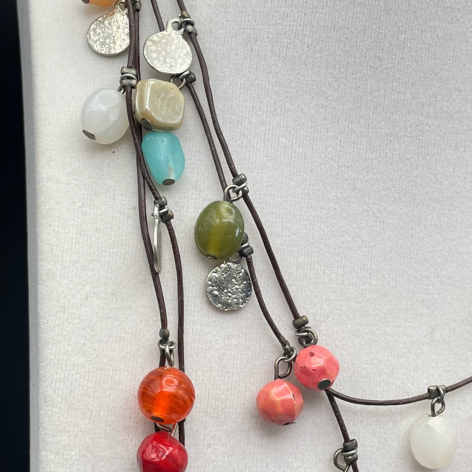 Vintage Boho Multi-Strand Cord Necklace Colorful Bead Dangle Silver Tone Discs - Thumbnail 3