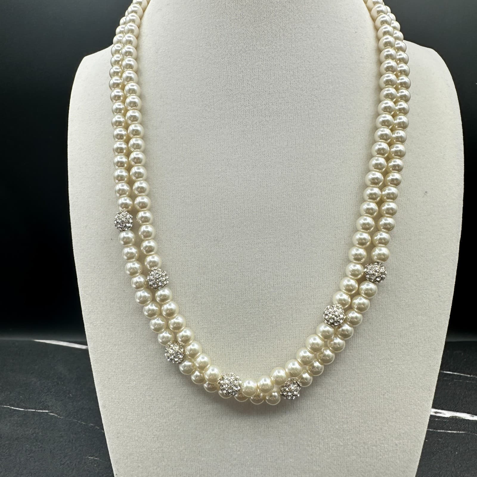 VTG Double Strand Faux Pearl Necklace Crystal Rhinestone Spacer Choker 19 Silver - Image 1