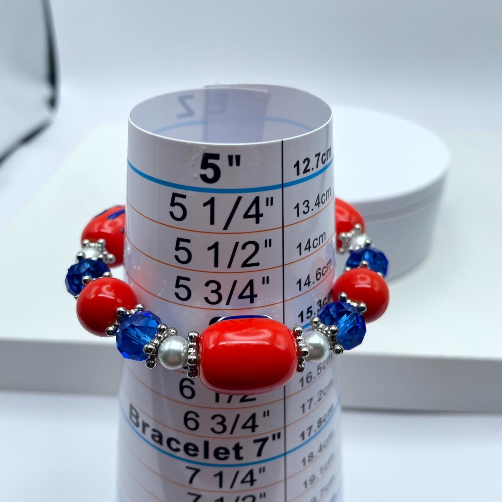 Souvenir Silver-Tone US Coast Guard Red Blue Faceted Glass Bead Stretch Bracelet - Thumbnail 2