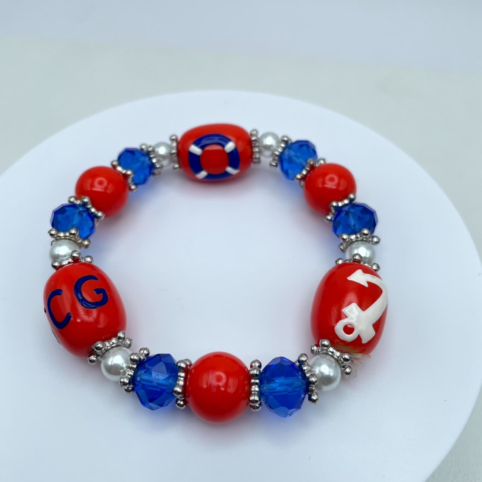 Souvenir Silver-Tone US Coast Guard Red Blue Faceted Glass Bead Stretch Bracelet - Thumbnail 3
