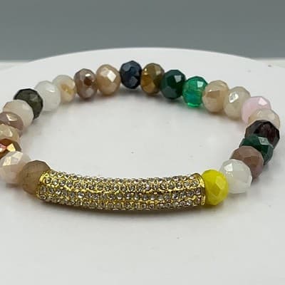 Vintage Multicolor Faceted Beaded Stretch Bracelet Rhinestone Pave Bar Gold Tone - Thumbnail 5