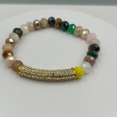 Vintage Multicolor Faceted Beaded Stretch Bracelet Rhinestone Pave Bar Gold Tone - Thumbnail 2