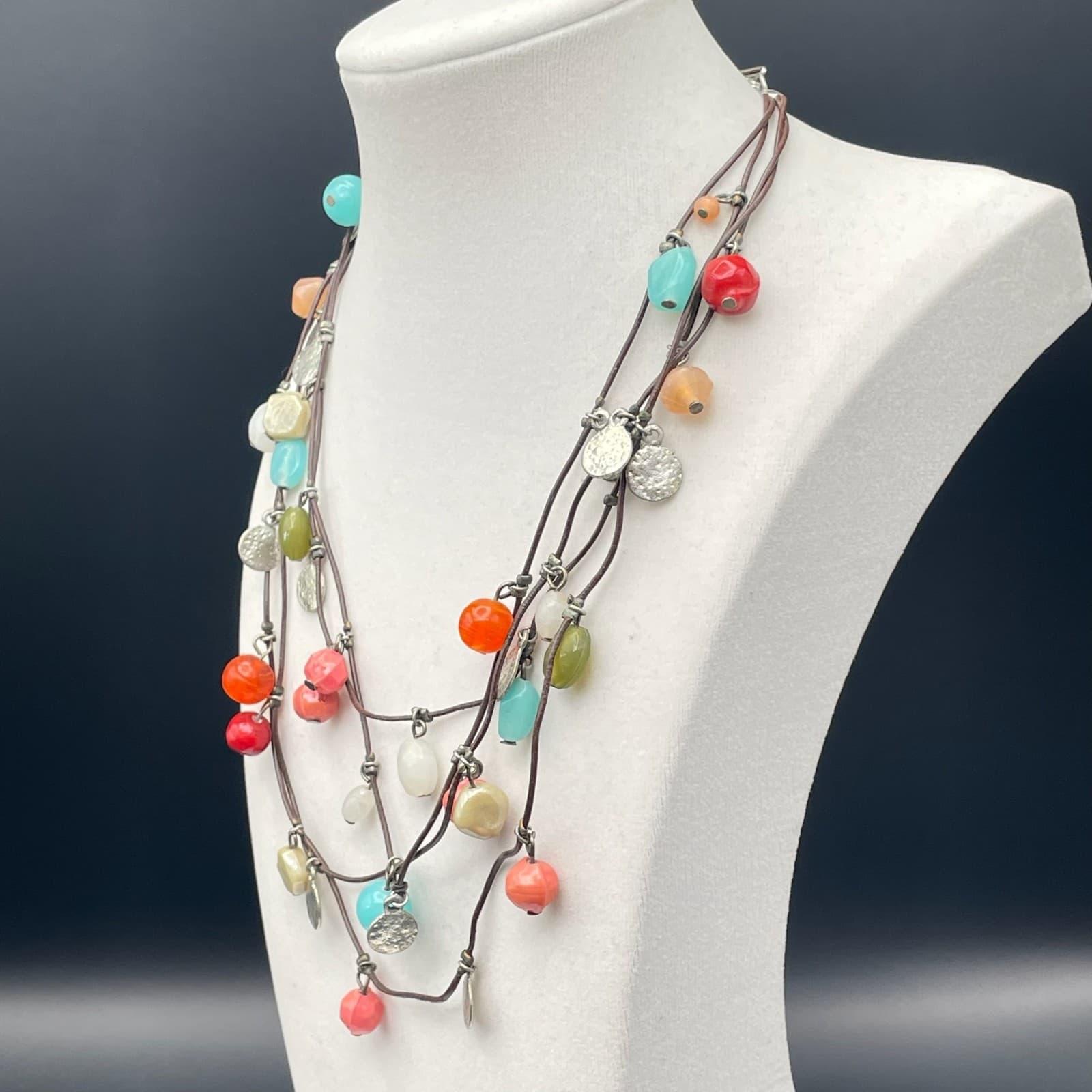 Vintage Boho Multi-Strand Cord Necklace Colorful Bead Dangle Silver Tone Discs - Thumbnail 7