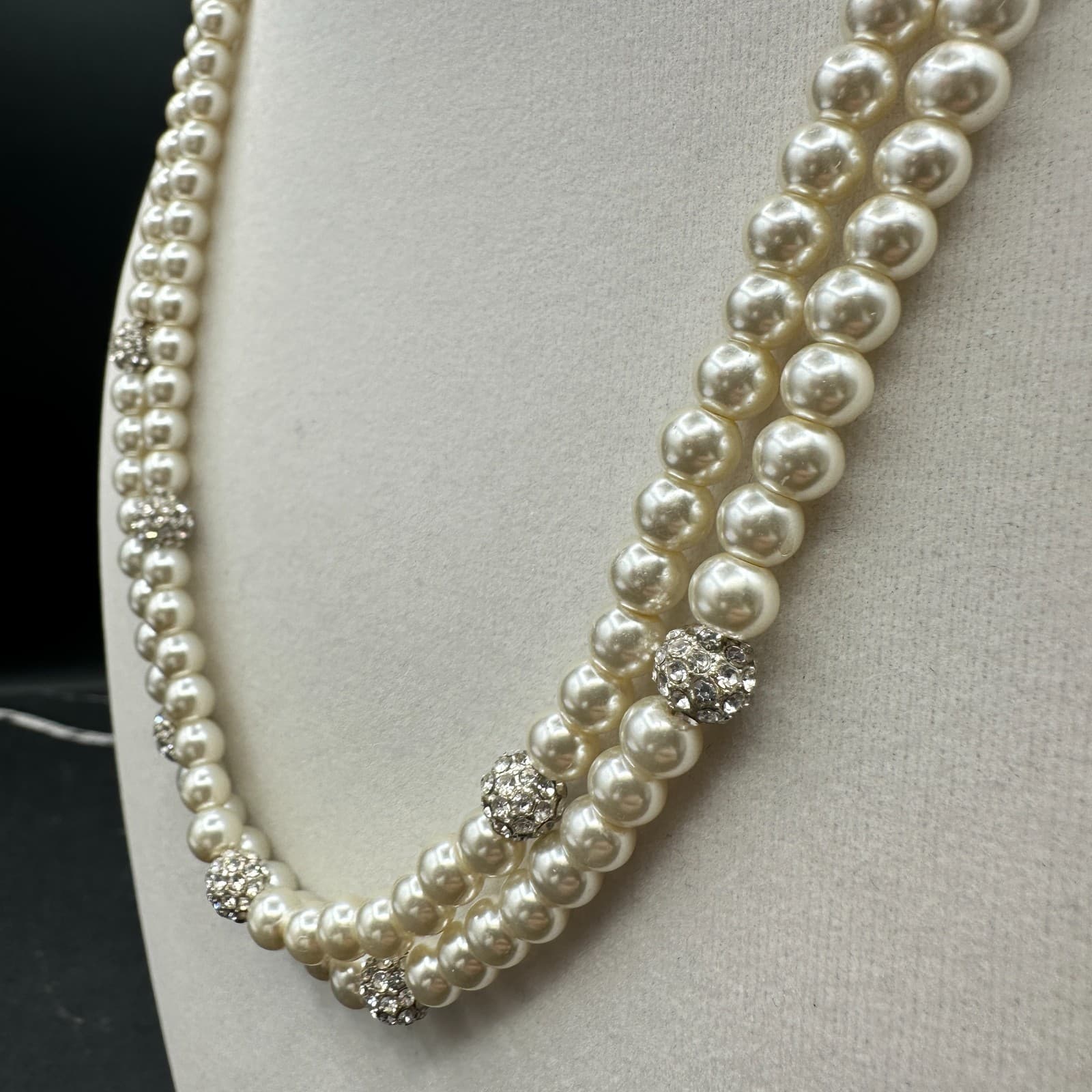 VTG Double Strand Faux Pearl Necklace Crystal Rhinestone Spacer Choker 19 Silver - Thumbnail 6