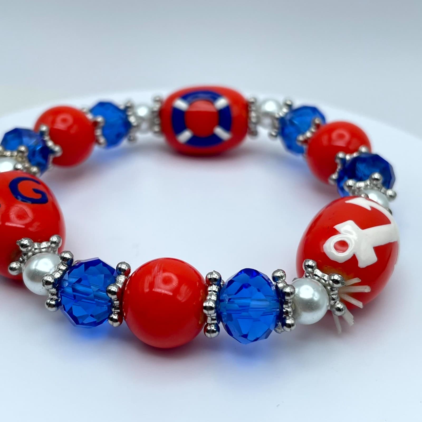 Souvenir Silver-Tone US Coast Guard Red Blue Faceted Glass Bead Stretch Bracelet - Thumbnail 4