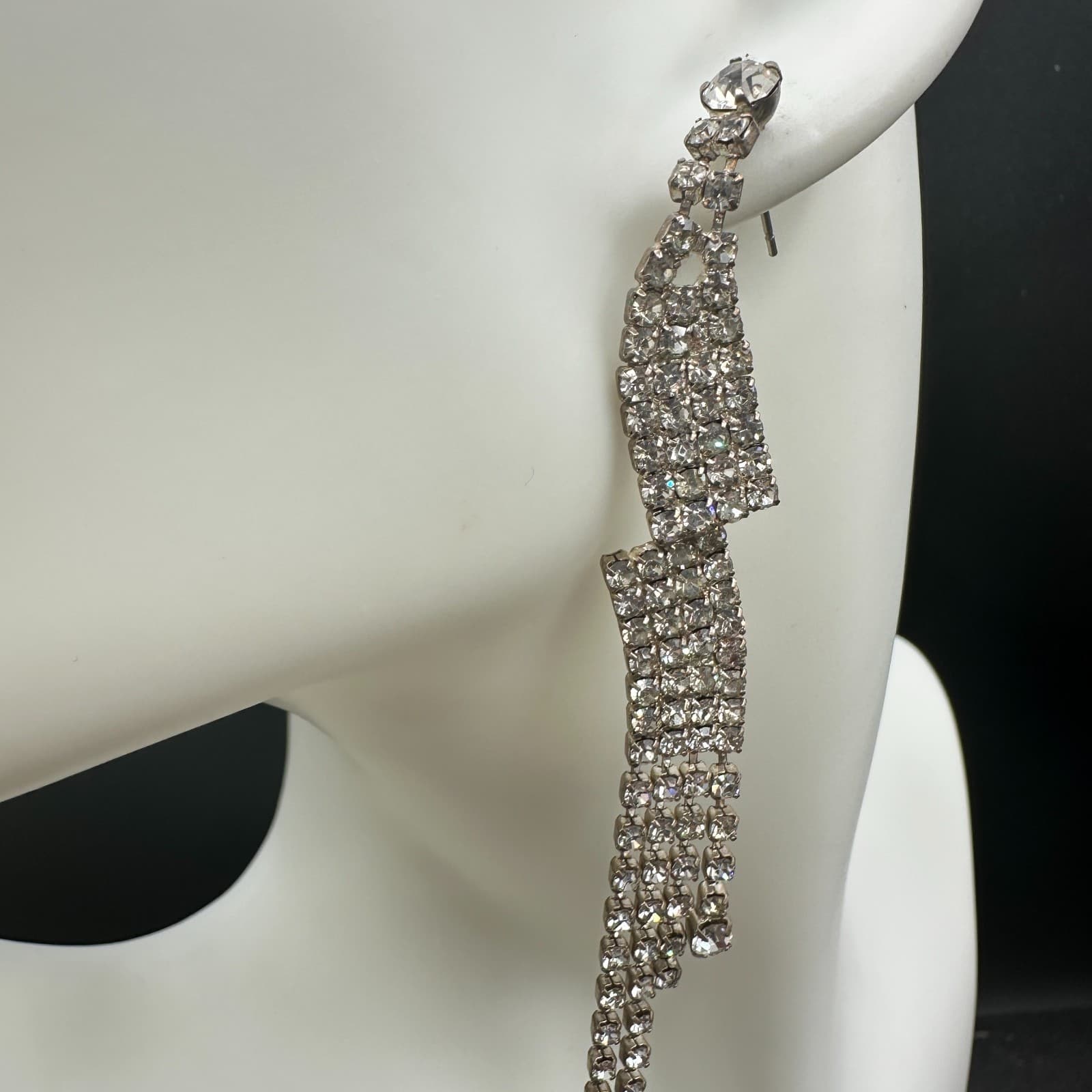 VTG Long Waterfall Earrings Clear Rhinestone Silver Tone Dangle Sparkle Party - Thumbnail 4