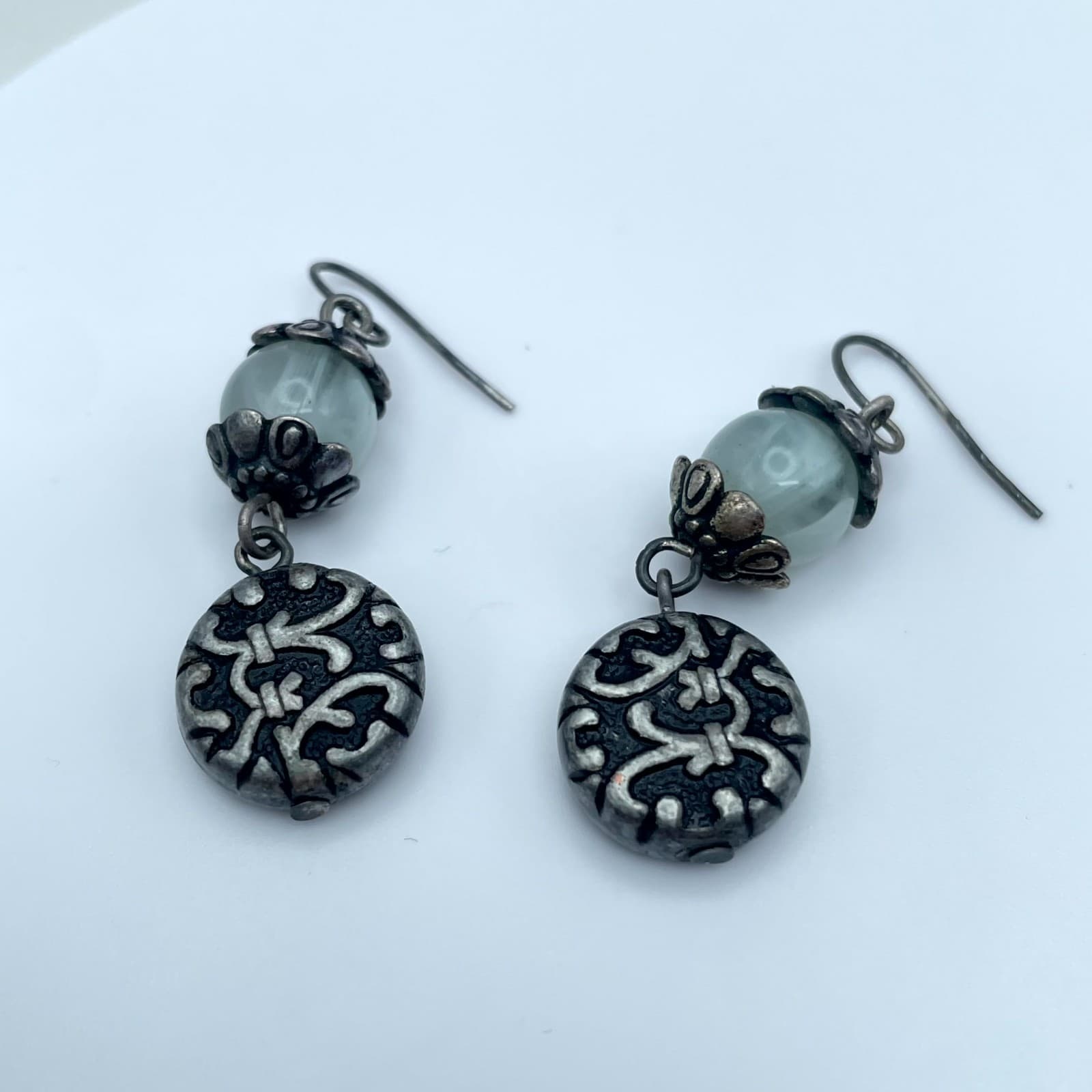 Articulated Silver-Tone Oxidized Metal Cool Waters Glass Beads Dangle Earrings - Image 1