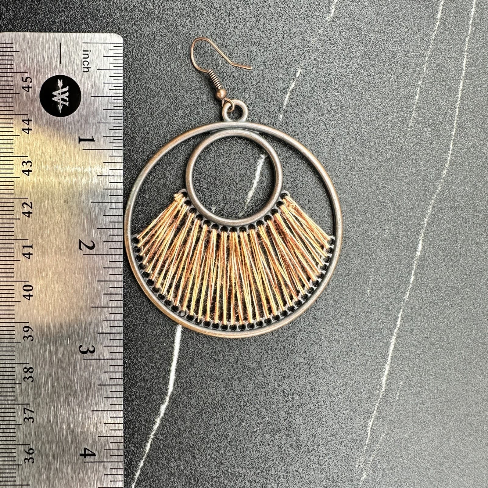 VTG Boho Circle Dangle Earrings Thread Fringe Dark Metal Copper Tone Large Hook - Thumbnail 2