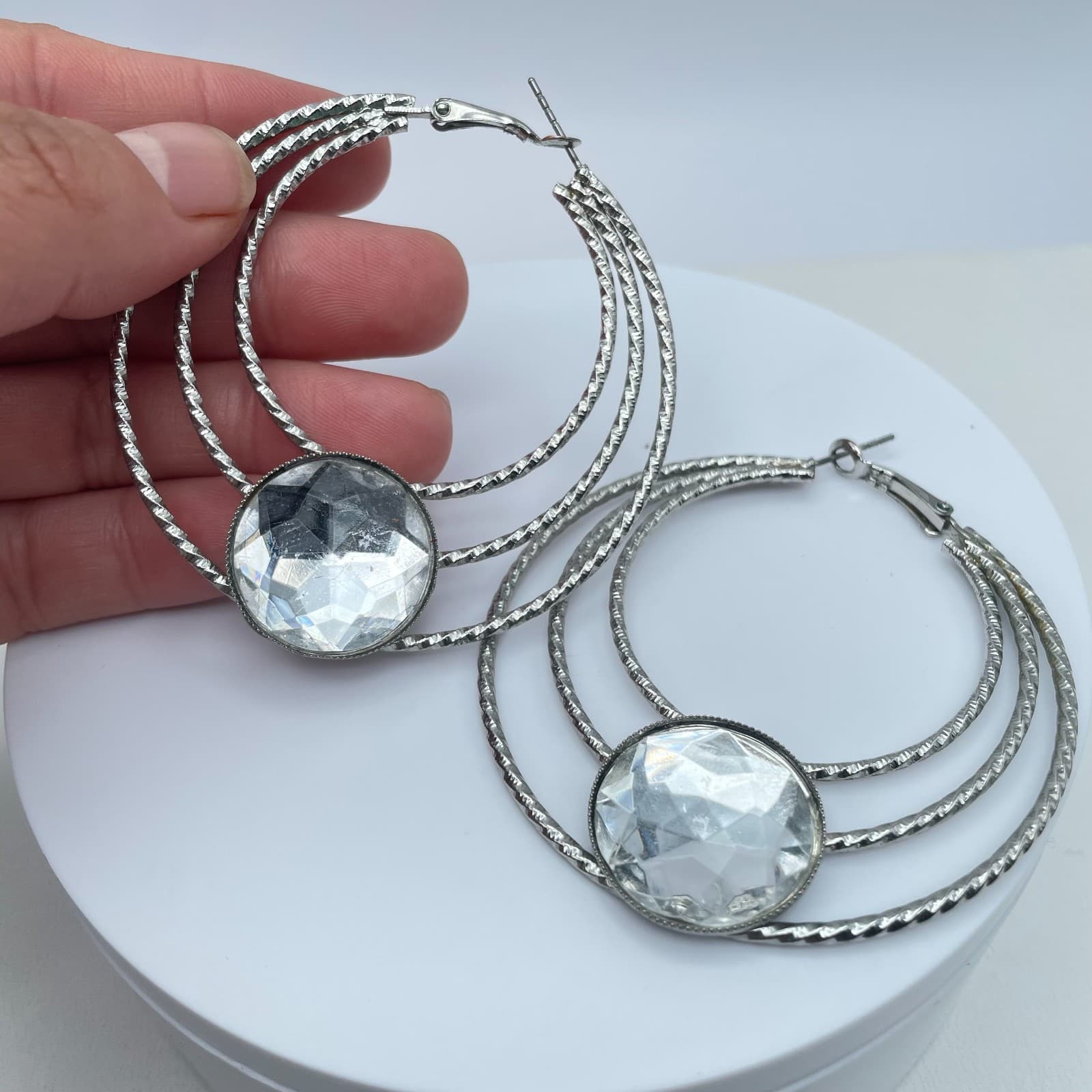 Vintage 80s Silver Tone Triple Hoop Earrings Clear Glass Women's Classic Jewelry - Thumbnail 9