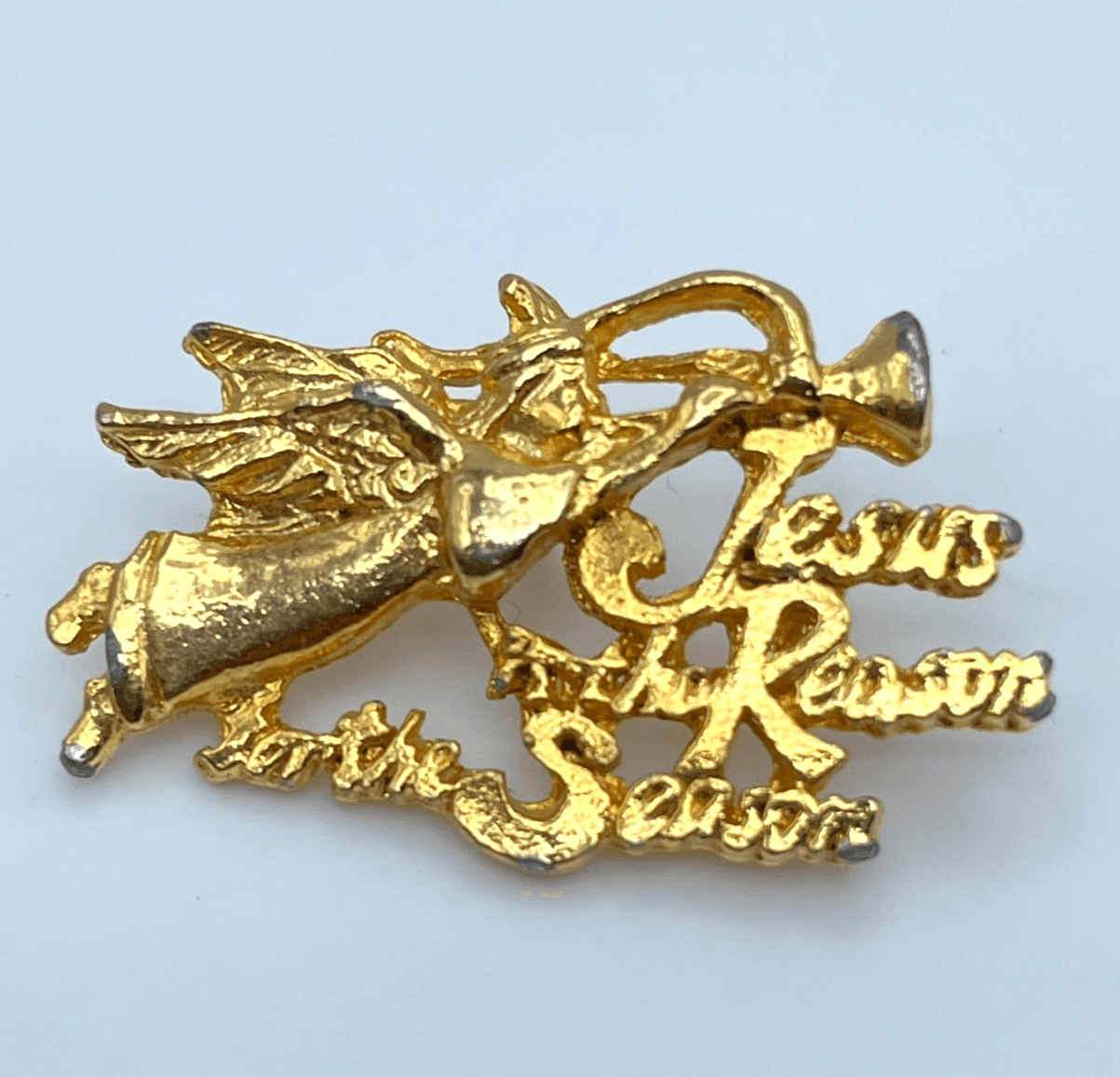 Christmas Themed Gold-Tone "Jesus is the Reason for the Season" Angel Brooch Pin - Image 1
