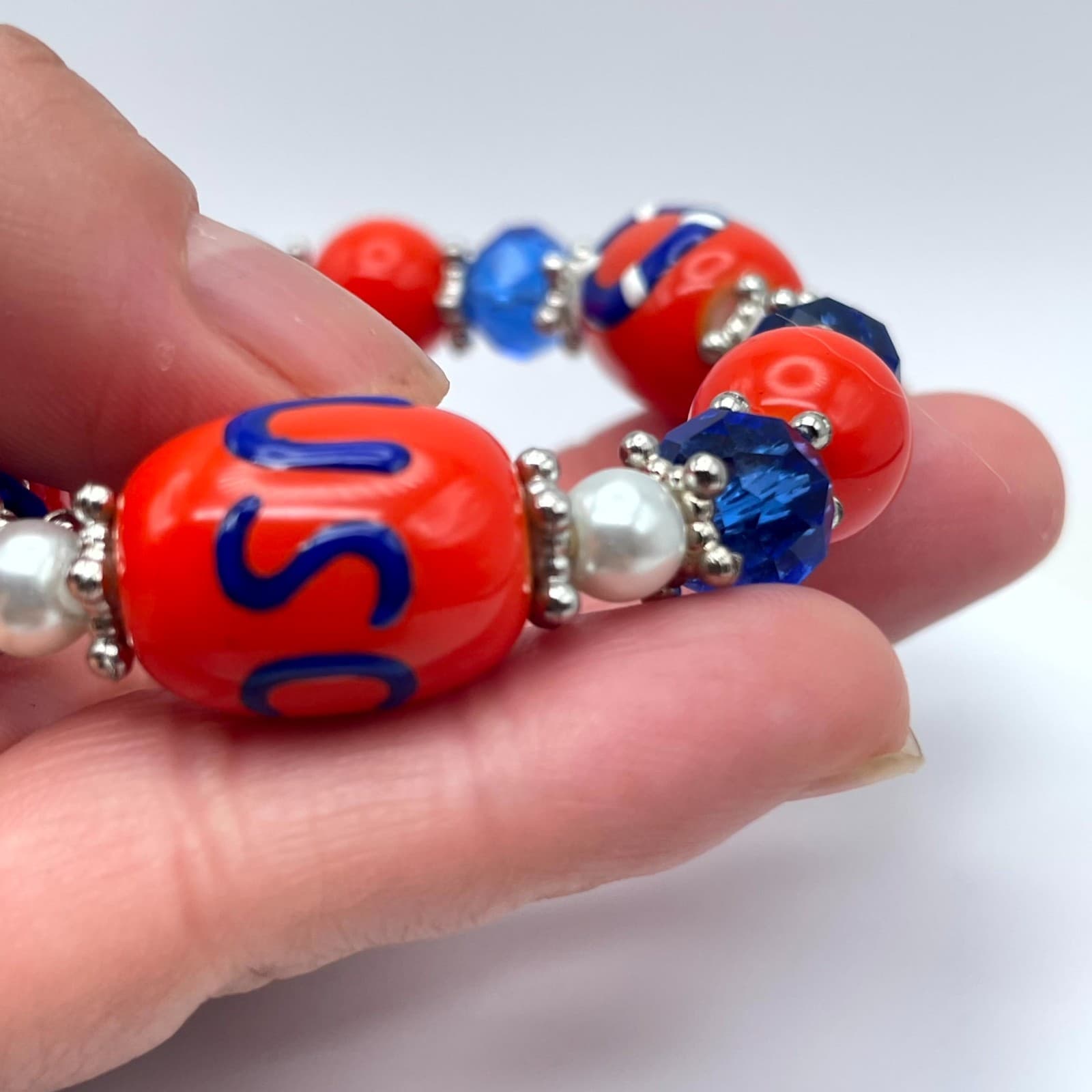 Souvenir Silver-Tone US Coast Guard Red Blue Faceted Glass Bead Stretch Bracelet - Thumbnail 8
