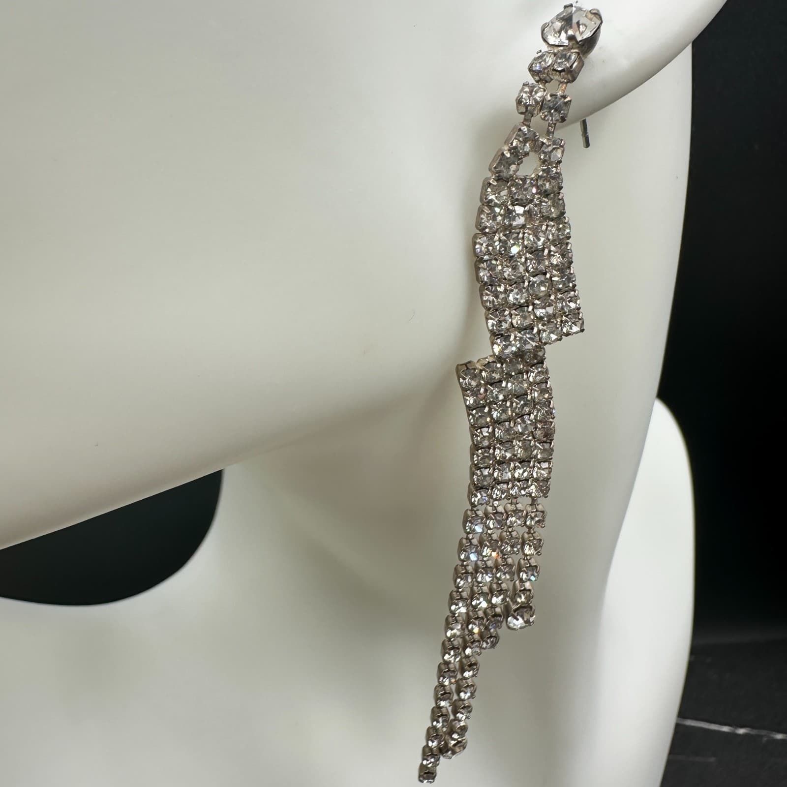 VTG Long Waterfall Earrings Clear Rhinestone Silver Tone Dangle Sparkle Party - Thumbnail 5