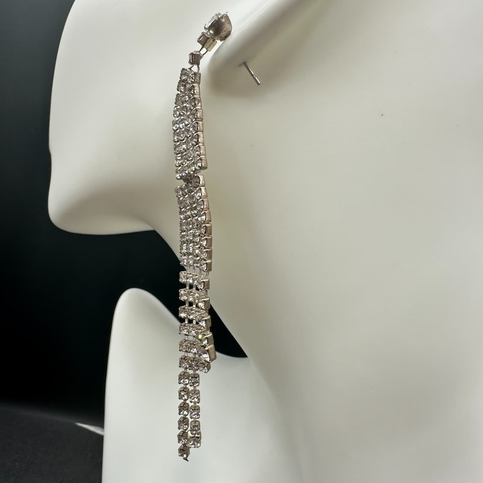 VTG Long Waterfall Earrings Clear Rhinestone Silver Tone Dangle Sparkle Party - Thumbnail 7