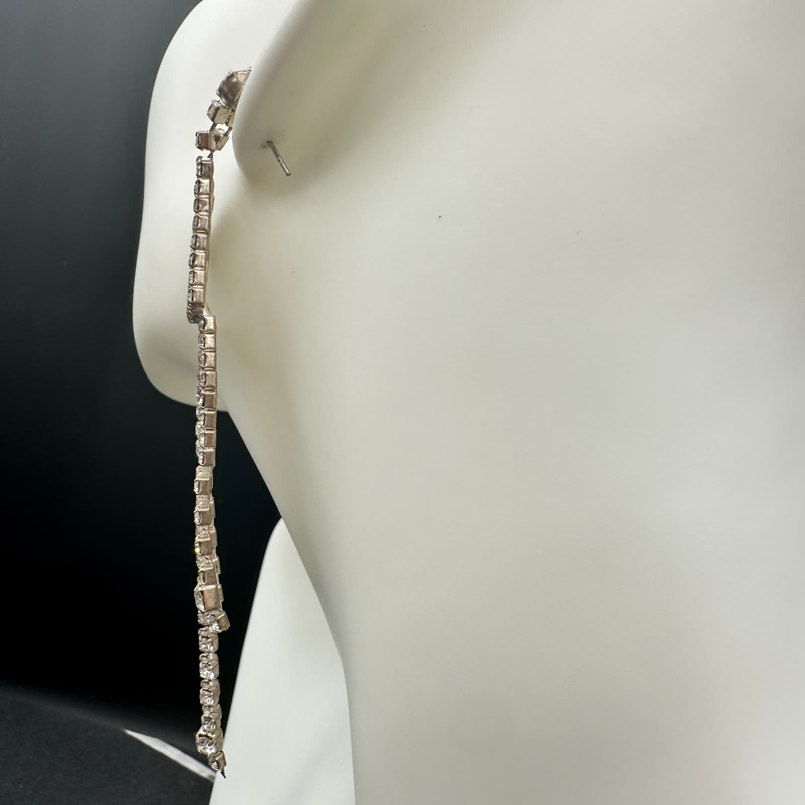 VTG Long Waterfall Earrings Clear Rhinestone Silver Tone Dangle Sparkle Party - Thumbnail 8