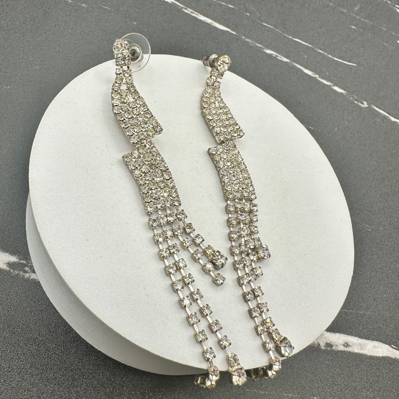 VTG Long Waterfall Earrings Clear Rhinestone Silver Tone Dangle Sparkle Party - Thumbnail 10