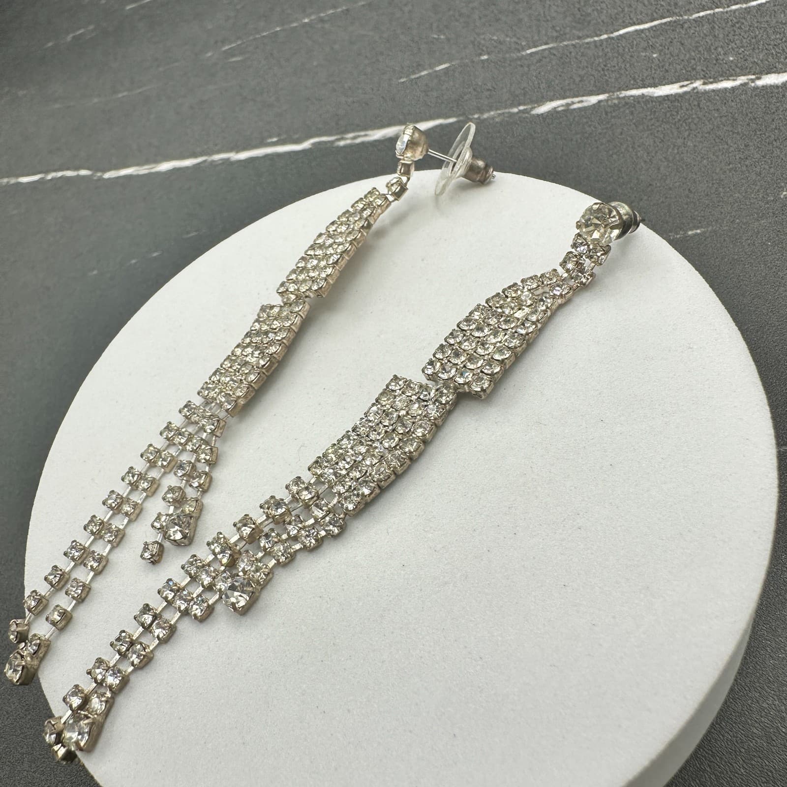 VTG Long Waterfall Earrings Clear Rhinestone Silver Tone Dangle Sparkle Party - Thumbnail 12