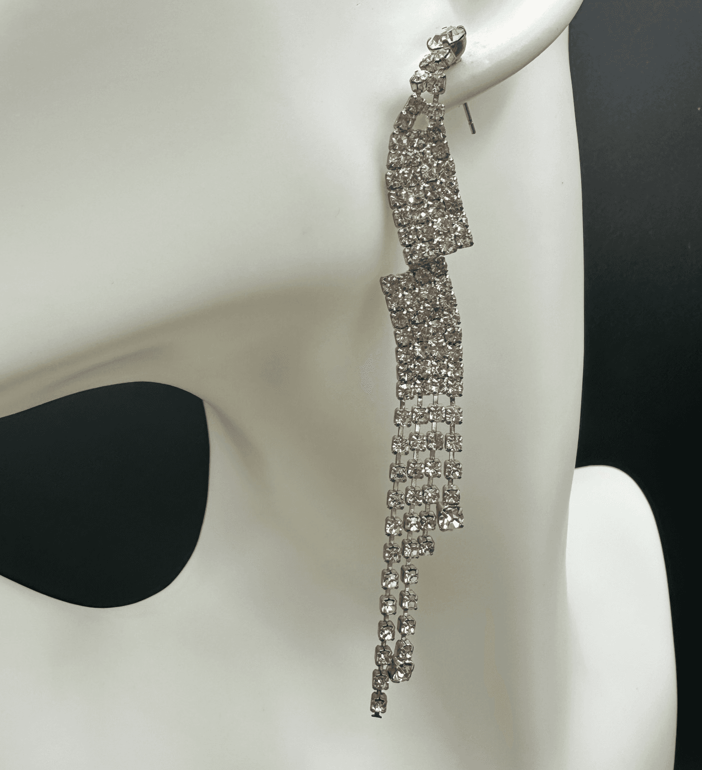 VTG Long Waterfall Earrings Clear Rhinestone Silver Tone Dangle Sparkle Party - Thumbnail 2