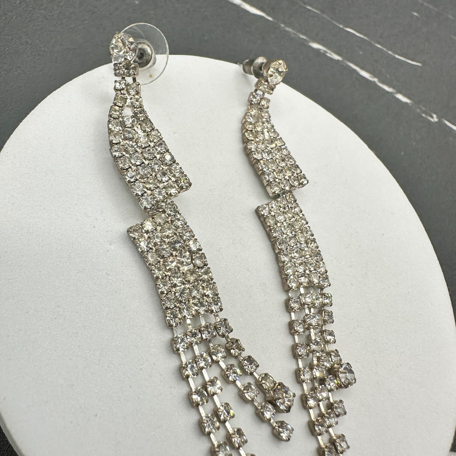 VTG Long Waterfall Earrings Clear Rhinestone Silver Tone Dangle Sparkle Party - Thumbnail 11