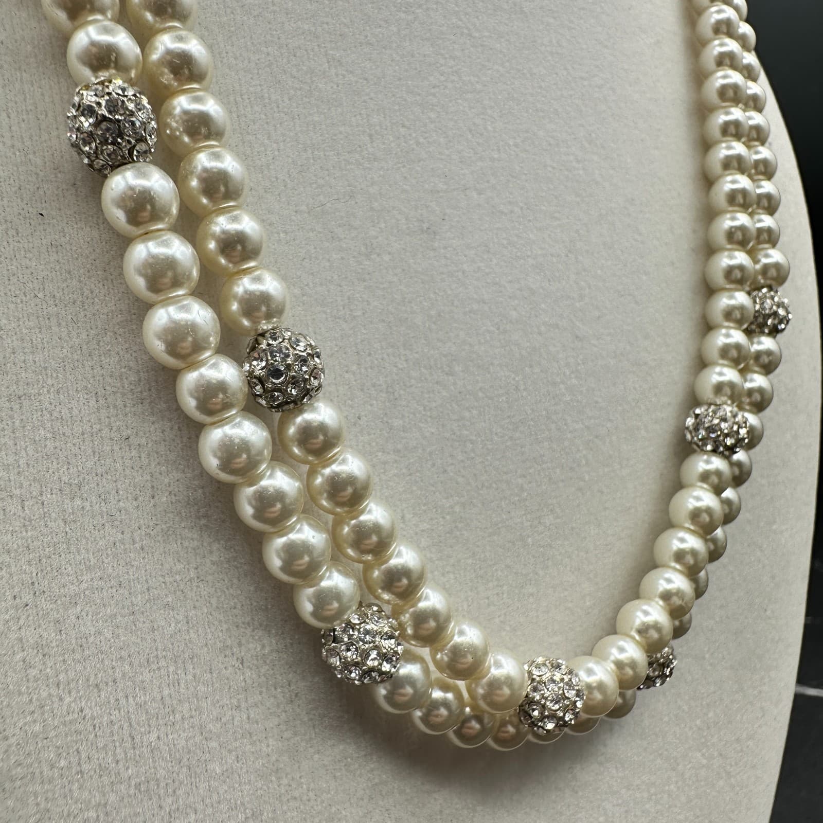 VTG Double Strand Faux Pearl Necklace Crystal Rhinestone Spacer Choker 19 Silver - Thumbnail 5