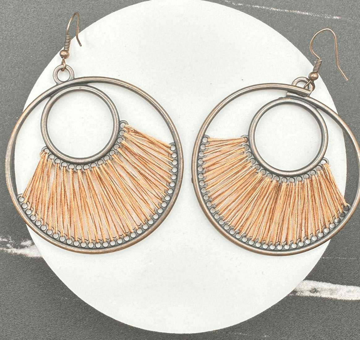 VTG Boho Circle Dangle Earrings Thread Fringe Dark Metal Copper Tone Large Hook - Image 1