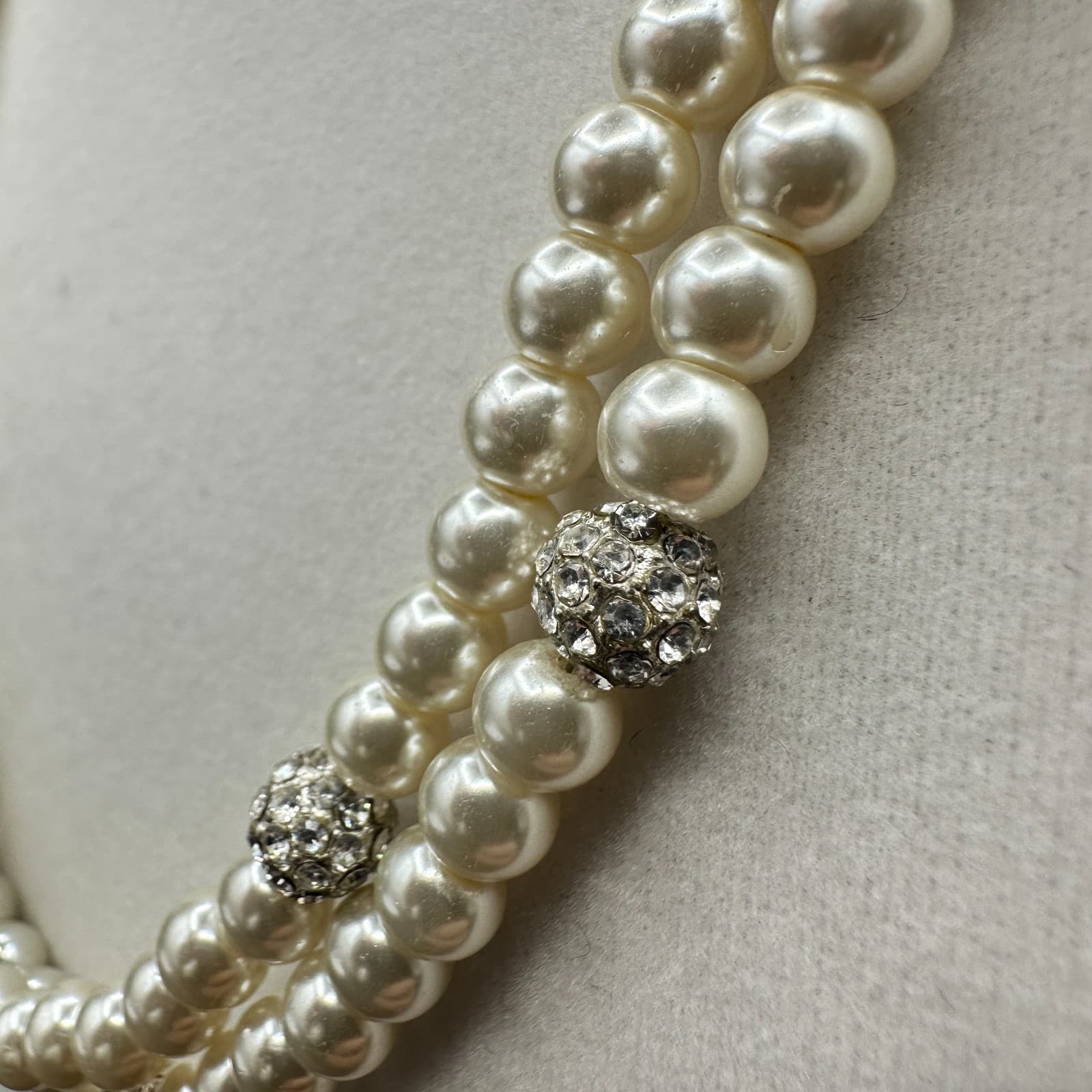 VTG Double Strand Faux Pearl Necklace Crystal Rhinestone Spacer Choker 19 Silver - Thumbnail 7