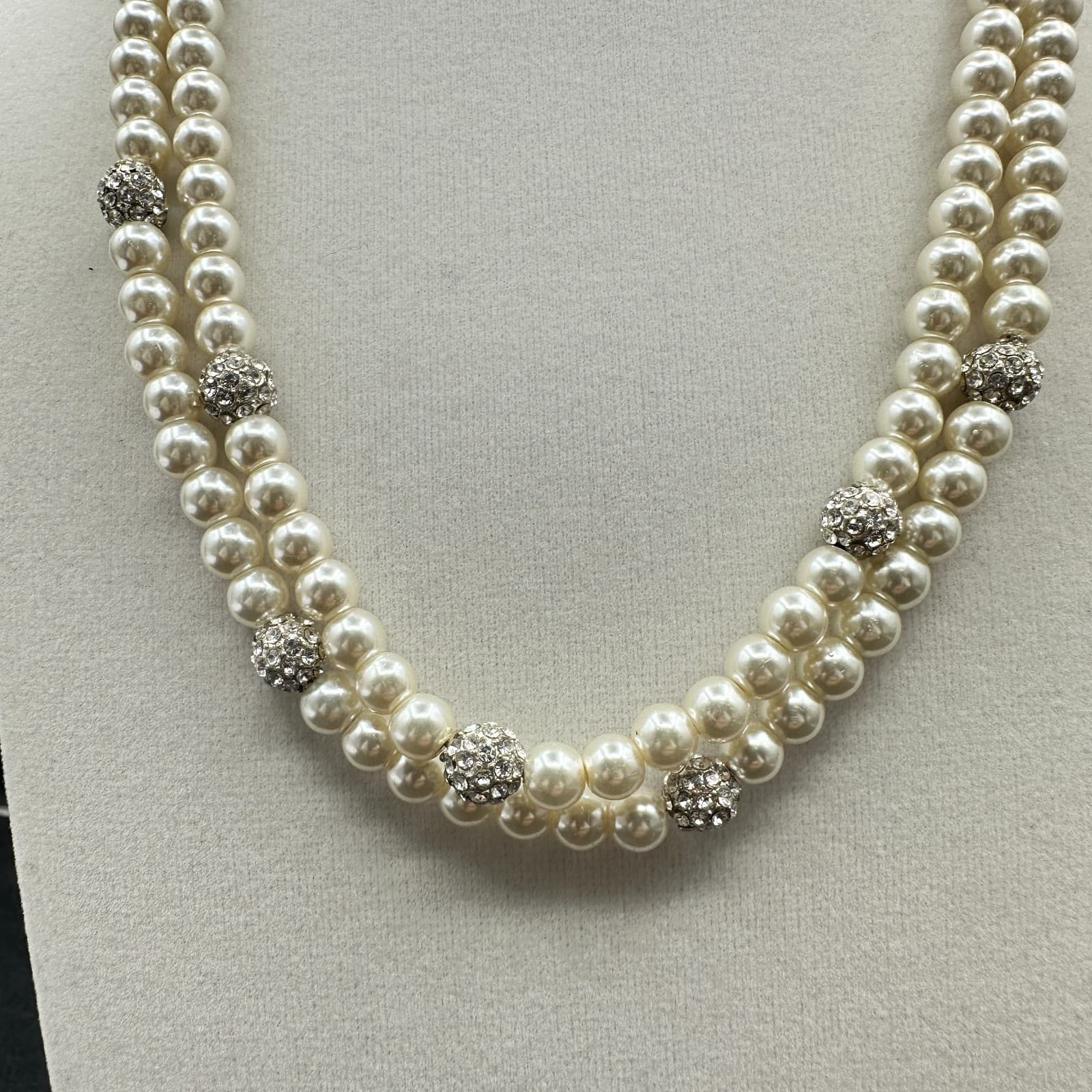 VTG Double Strand Faux Pearl Necklace Crystal Rhinestone Spacer Choker 19 Silver - Thumbnail 3