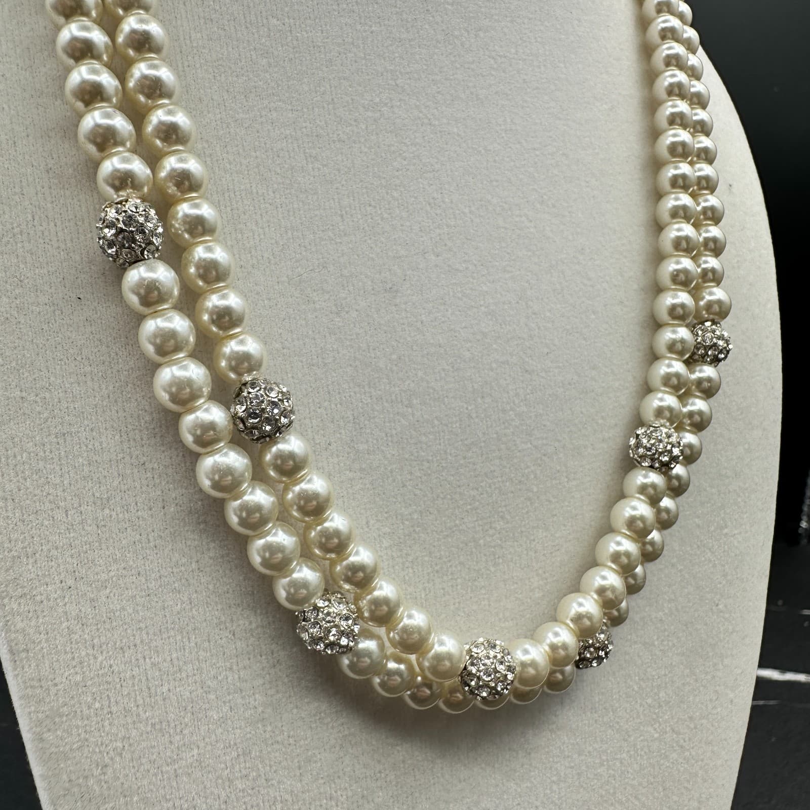 VTG Double Strand Faux Pearl Necklace Crystal Rhinestone Spacer Choker 19 Silver - Thumbnail 4