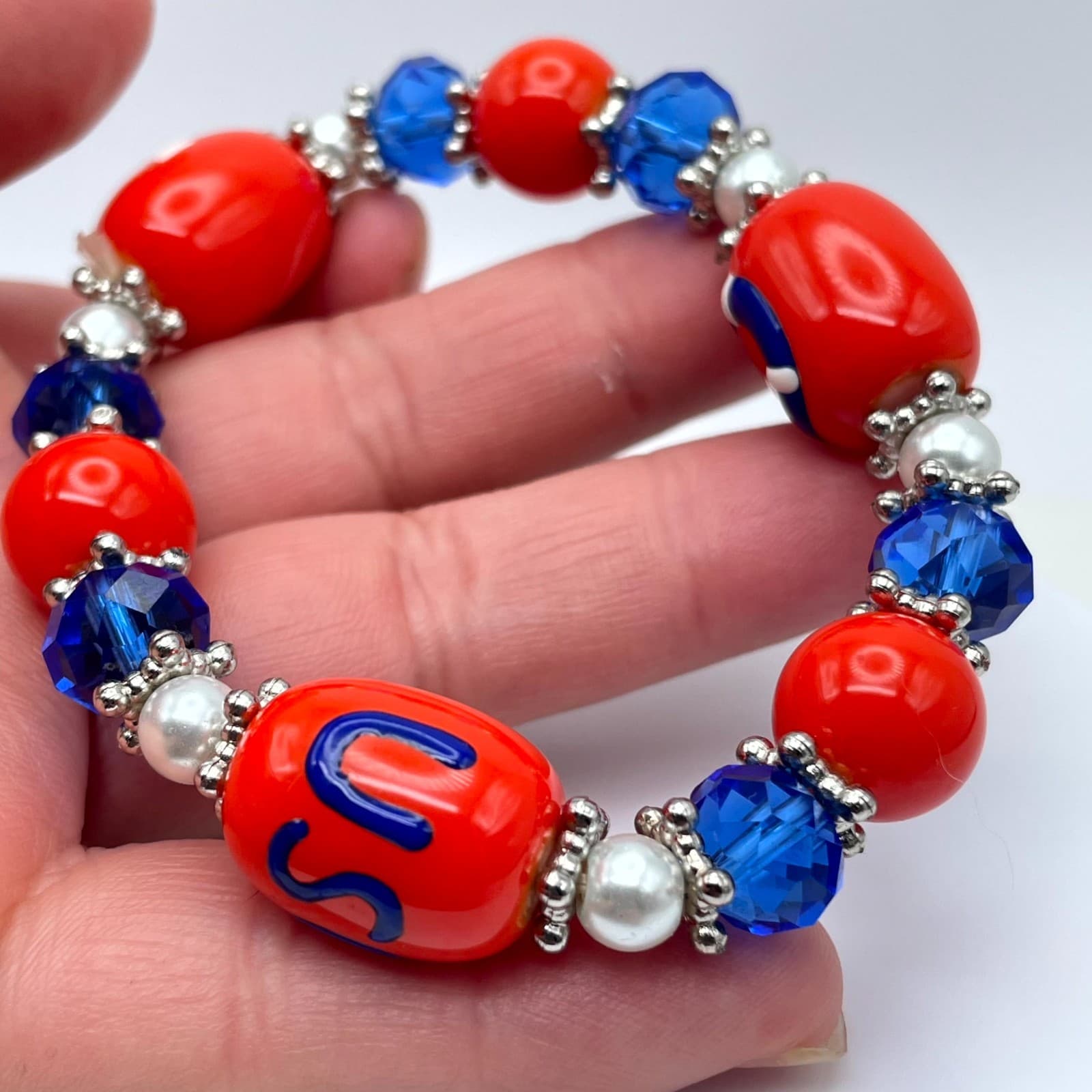 Souvenir Silver-Tone US Coast Guard Red Blue Faceted Glass Bead Stretch Bracelet - Thumbnail 6