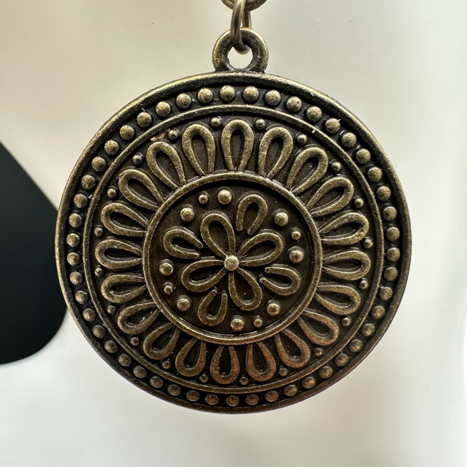 VTG 2 Tier Dangle Earrings Bronze Tone Metal Mandala Flower Disc Drop Boho Long - Thumbnail 9