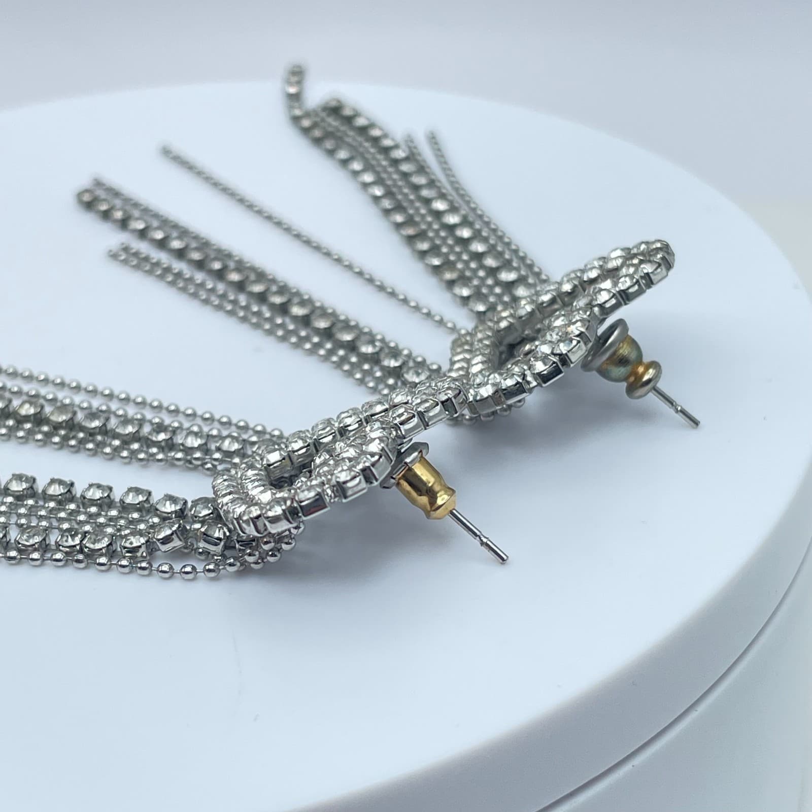 Vintage 90s Silver Tone Clear Rhinestone Heart Tassel Dangle Earrings Jewelry - Thumbnail 6