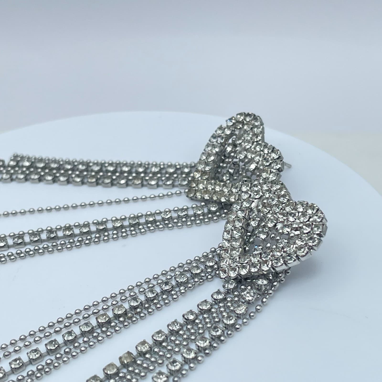 Vintage 90s Silver Tone Clear Rhinestone Heart Tassel Dangle Earrings Jewelry - Thumbnail 4