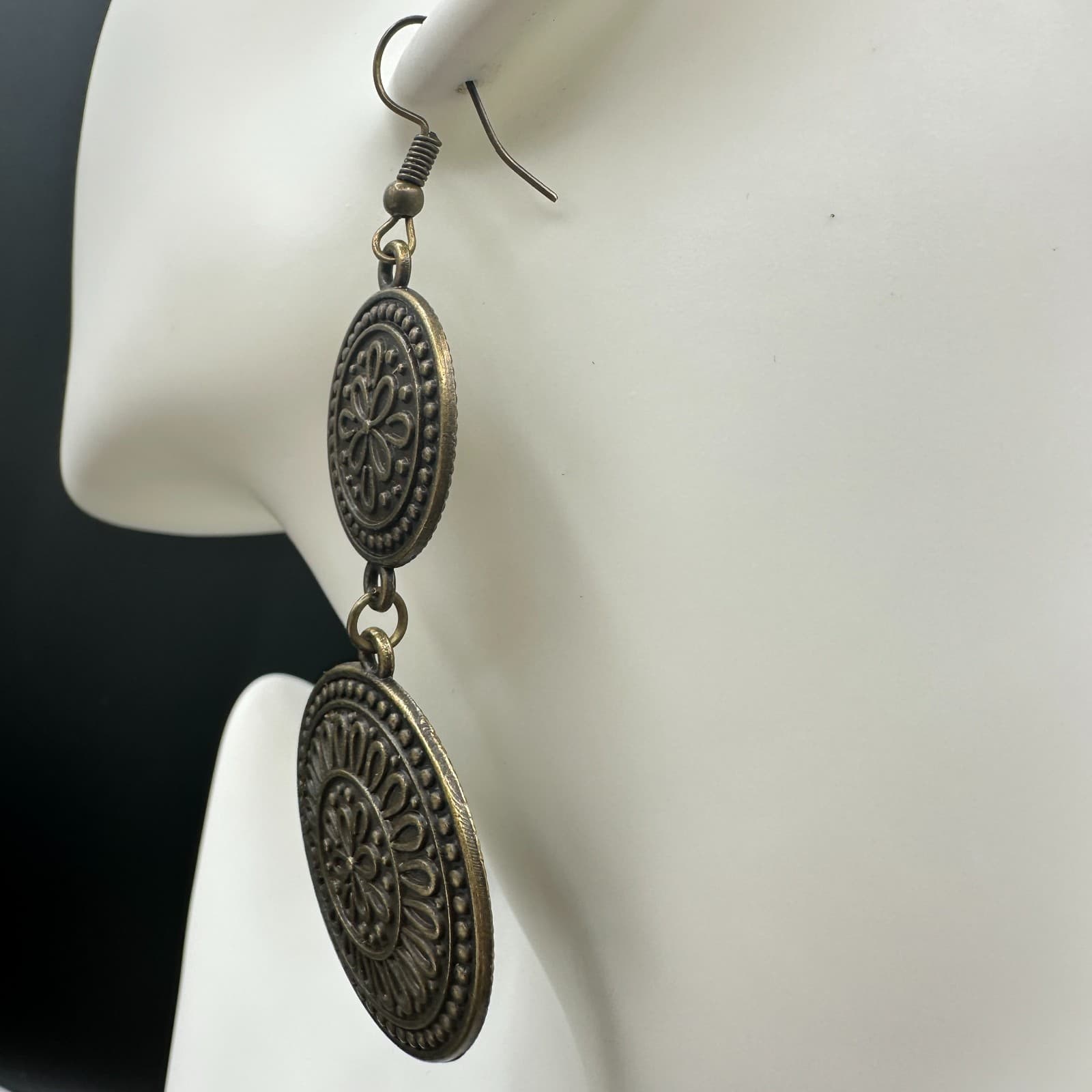 VTG 2 Tier Dangle Earrings Bronze Tone Metal Mandala Flower Disc Drop Boho Long - Thumbnail 6