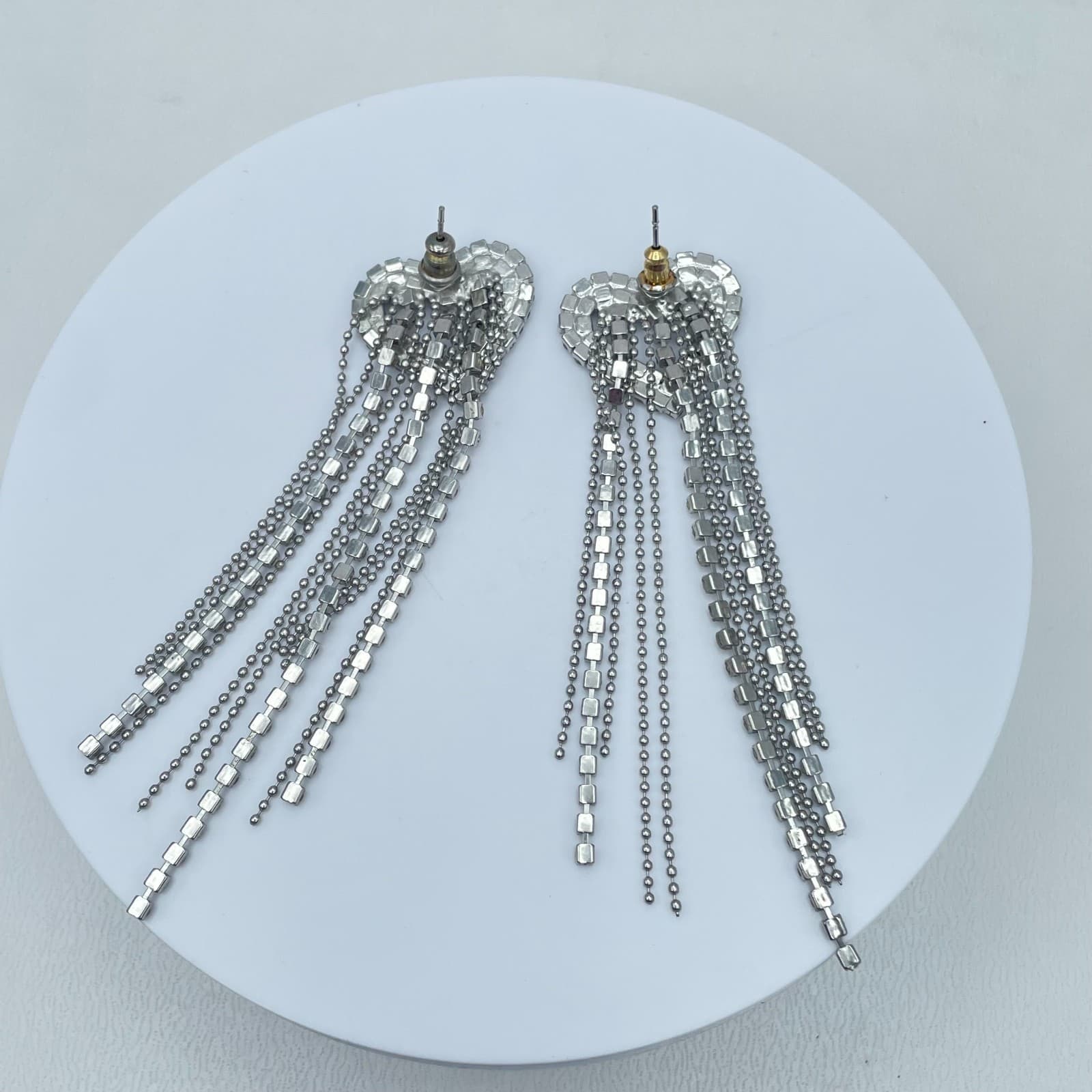 Vintage 90s Silver Tone Clear Rhinestone Heart Tassel Dangle Earrings Jewelry - Thumbnail 8