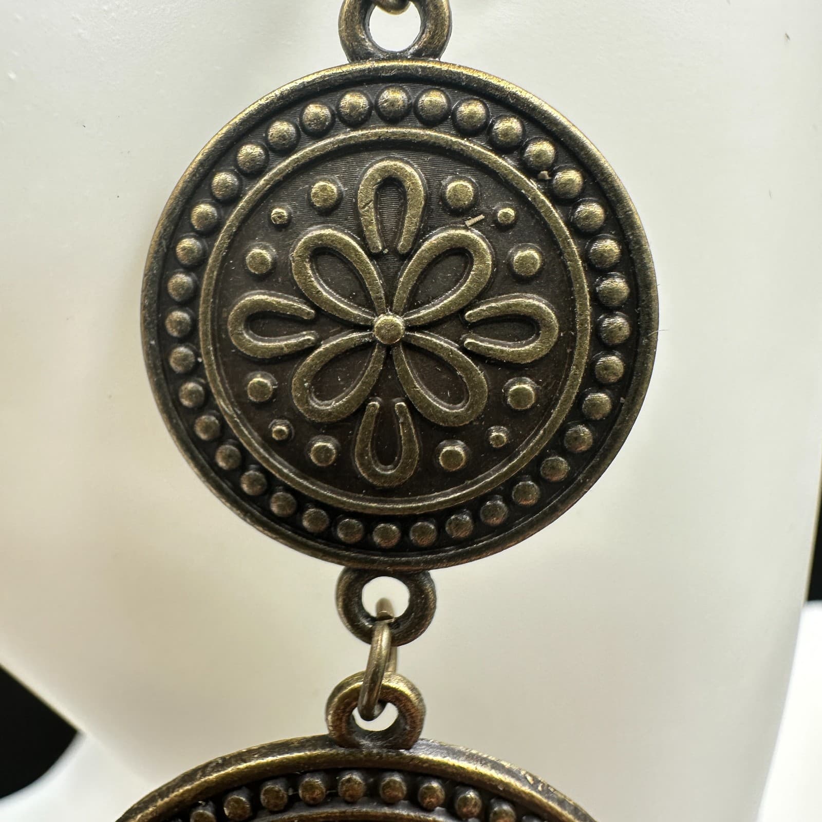 VTG 2 Tier Dangle Earrings Bronze Tone Metal Mandala Flower Disc Drop Boho Long - Thumbnail 10