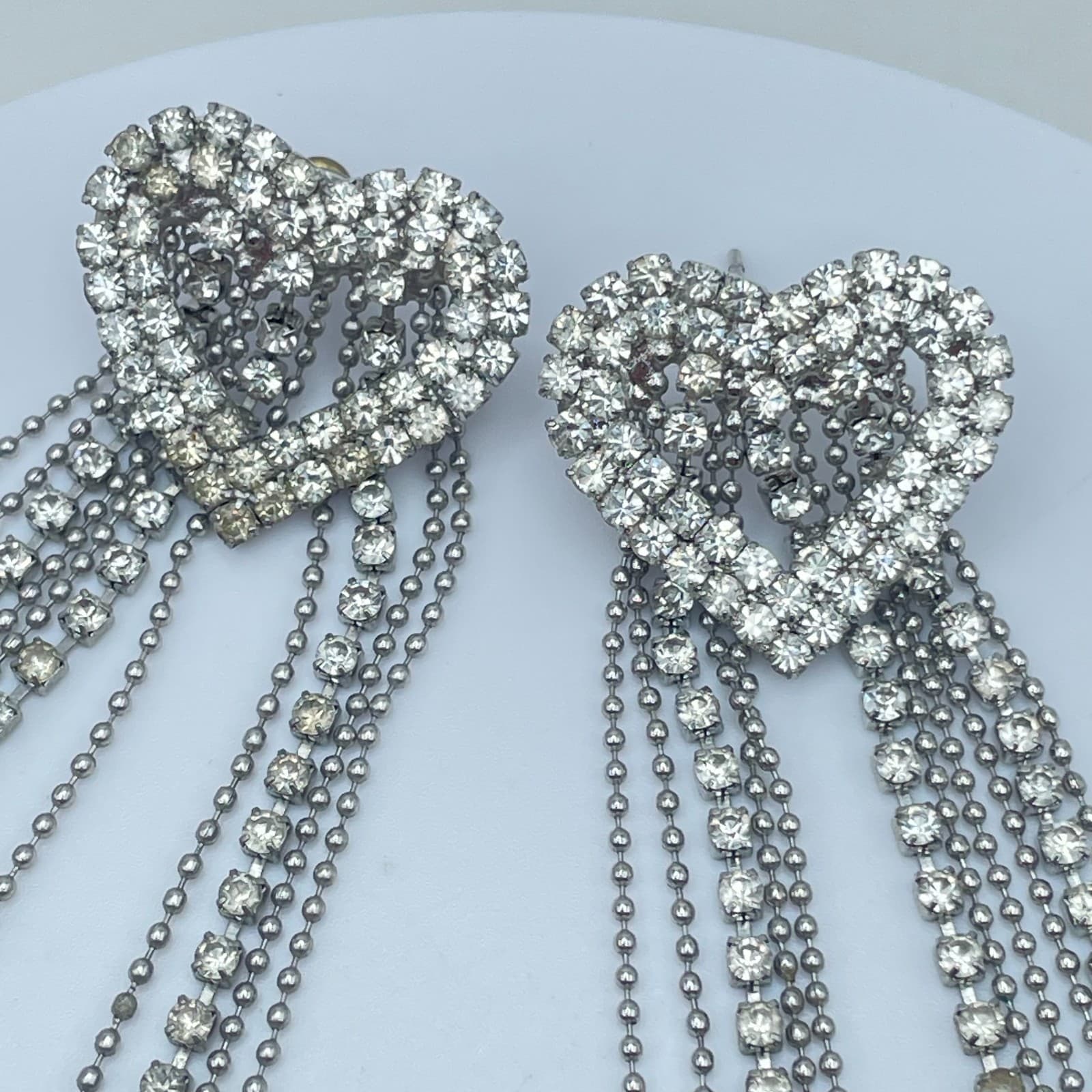 Vintage 90s Silver Tone Clear Rhinestone Heart Tassel Dangle Earrings Jewelry - Thumbnail 7