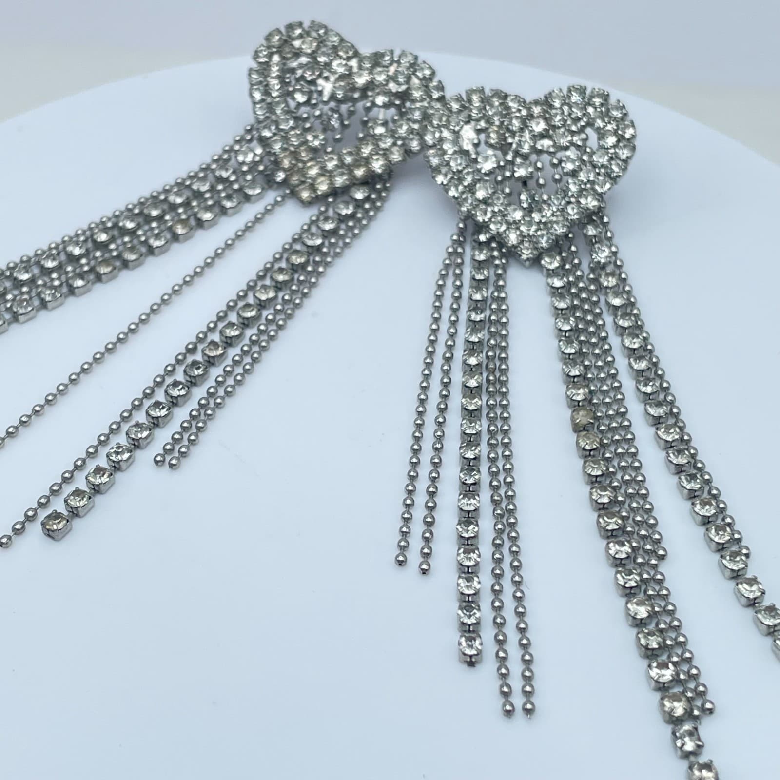 Vintage 90s Silver Tone Clear Rhinestone Heart Tassel Dangle Earrings Jewelry - Thumbnail 3