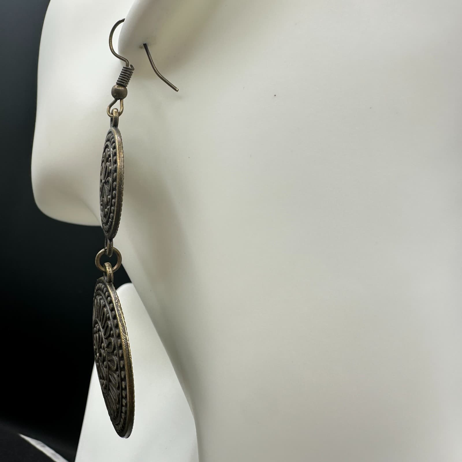 VTG 2 Tier Dangle Earrings Bronze Tone Metal Mandala Flower Disc Drop Boho Long - Thumbnail 7