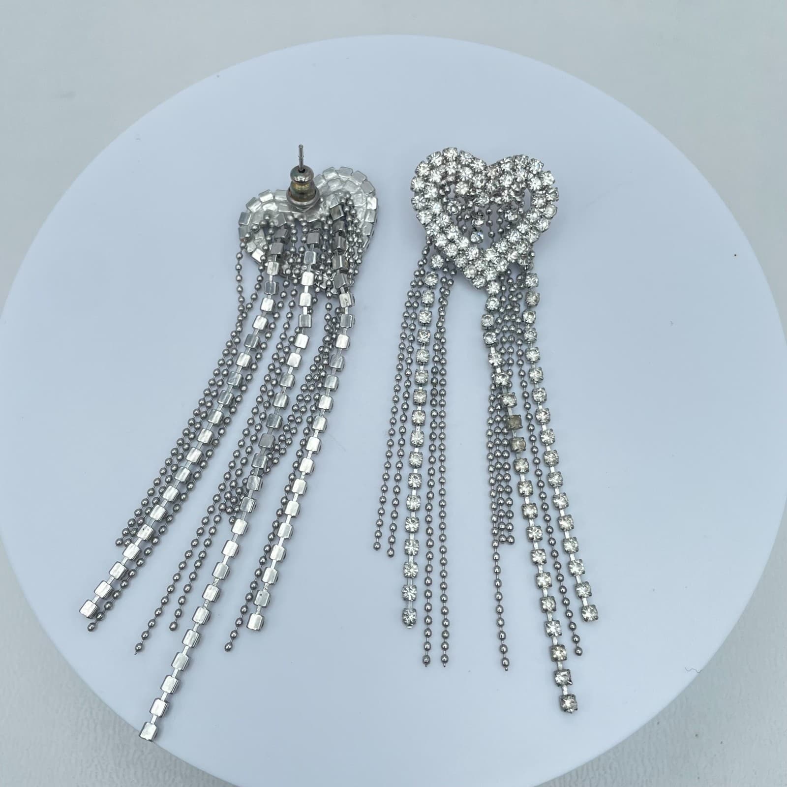 Vintage 90s Silver Tone Clear Rhinestone Heart Tassel Dangle Earrings Jewelry - Thumbnail 5