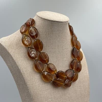 Vintage Double Strand Amber Tone Oval Bead Layered Necklace Chunky Lucite Style - Thumbnail 4