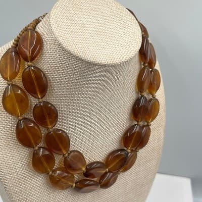 Vintage Double Strand Amber Tone Oval Bead Layered Necklace Chunky Lucite Style - Thumbnail 5