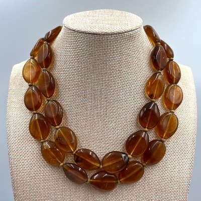 Vintage Double Strand Amber Tone Oval Bead Layered Necklace Chunky Lucite Style - Image 1
