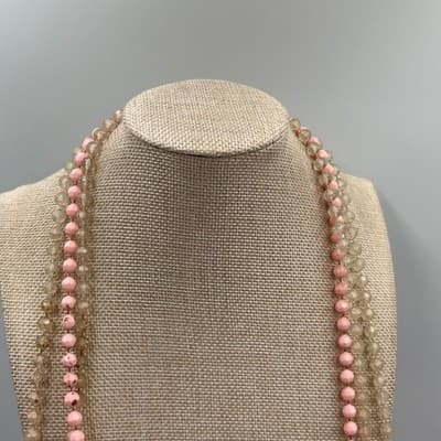 Vintage Multi Strand Beaded Necklace Pink Faceted Glass Long Layered Statement - Thumbnail 6