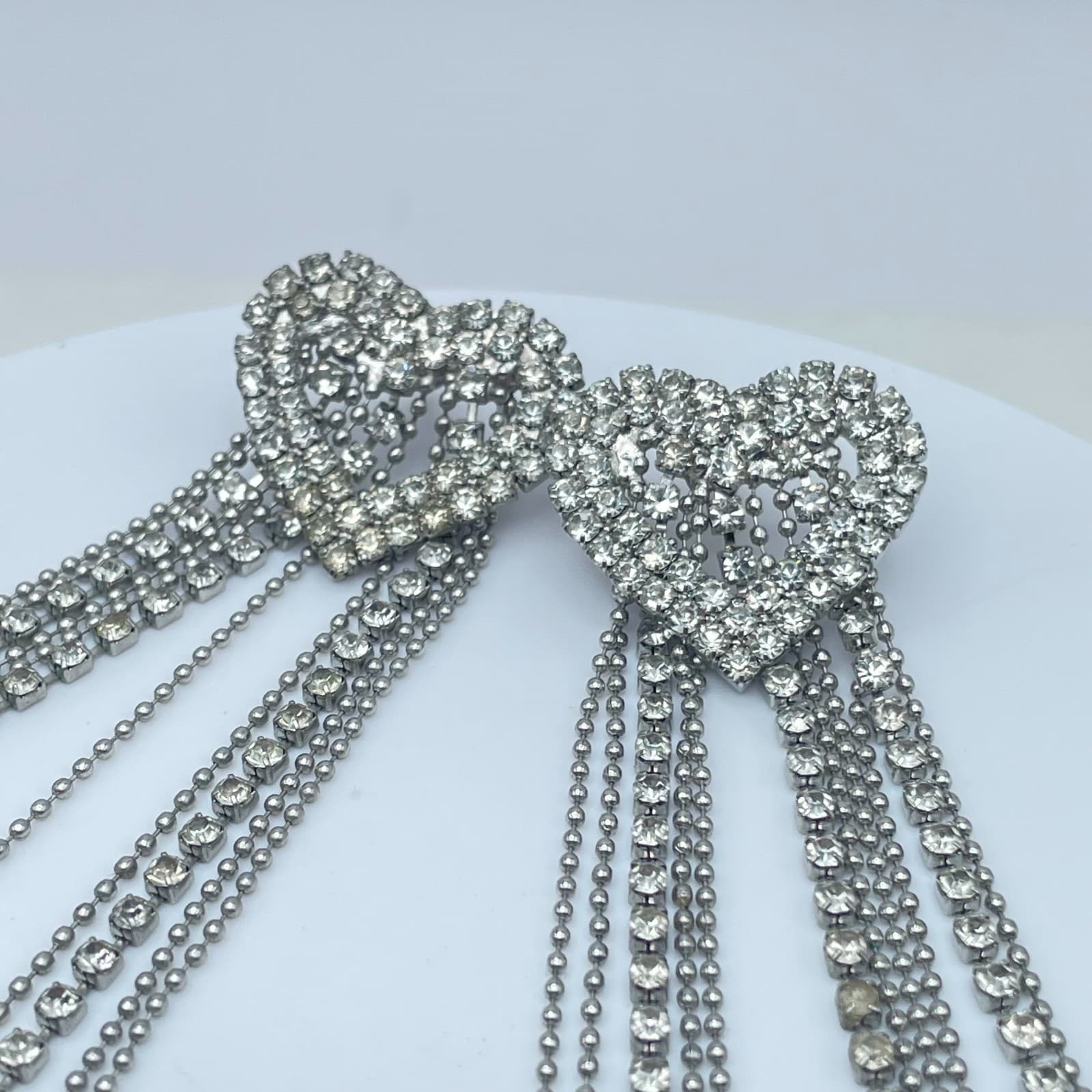 Vintage 90s Silver Tone Clear Rhinestone Heart Tassel Dangle Earrings Jewelry - Thumbnail 2