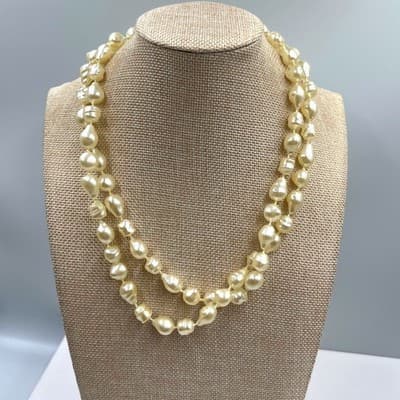 Vintage Faux Baroque Pearl Double Strand Necklace Cream Irregular Beads - Image 1
