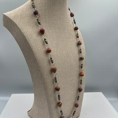 Vintage Multicolor Striped Bead Station Necklace Long Chain Boho Retro Statement - Thumbnail 5