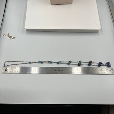 Vintage Blue Green Station Necklace Faceted Glass Beads Silver Tone Chain 18" - Thumbnail 5