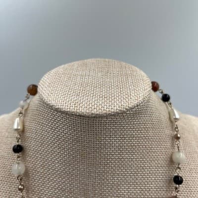 Vintage Beaded Necklace Mushroom Pendant Mixed Stone Glass Pearl Neutral Boho - Thumbnail 2