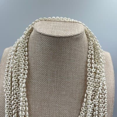 Vintage Multi Strand White Beaded Necklace Disc Ring Beads Layered Statement - Thumbnail 2