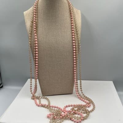 Vintage Multi Strand Beaded Necklace Pink Faceted Glass Long Layered Statement - Thumbnail 5